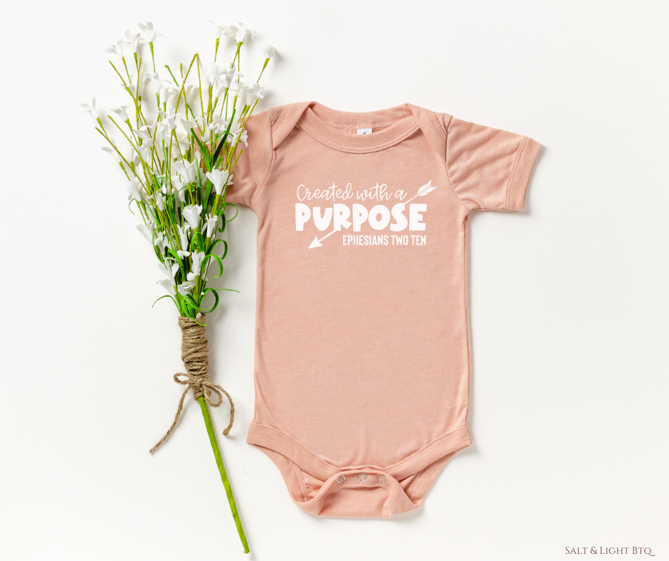 Created with a purpose baby onesie. Christian Baby Clothes: Baby Girl & Baby Boy | Salt and Light Boutique
