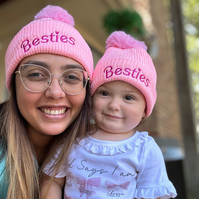 BESTIES FUR POM POM -  Mommy and Me Matching Beanies in PINK