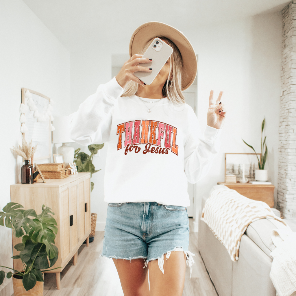 Thankful for Jesus Christian Sweatshirt – Varsity Letter Crewneck