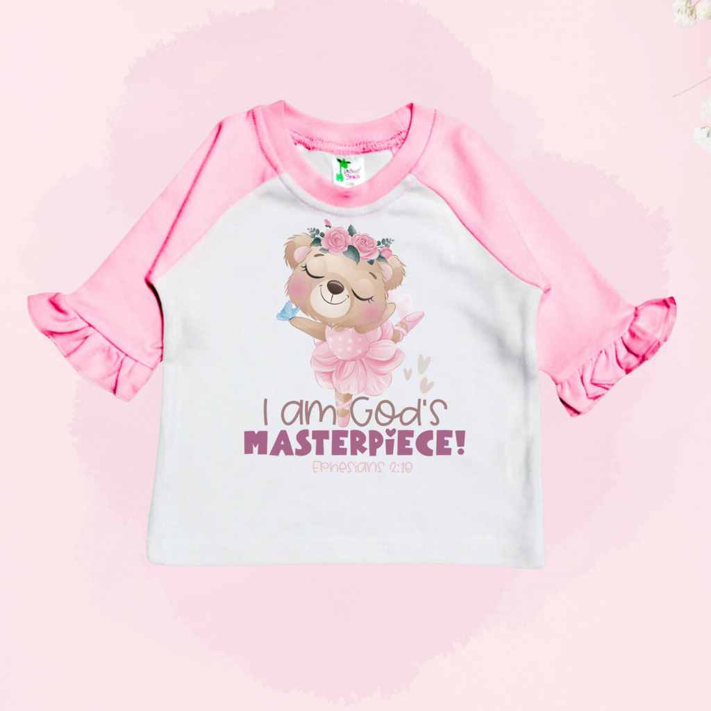 GOD'S MASTERPIECE - Pink Raglan Toddler Shirt With Ruffles