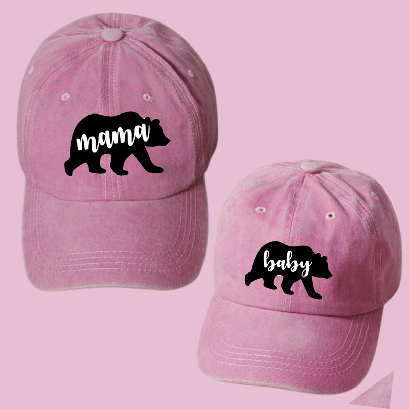 Mama Bear - Baseball Cap Mommy and Me Matching Hats in PINK