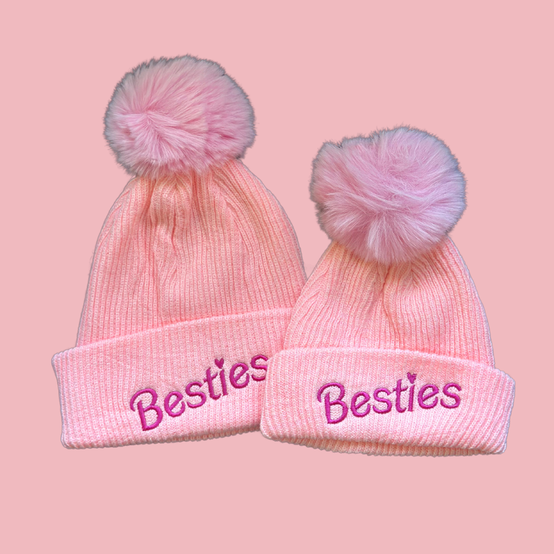 BESTIES FUR POM POM -  Mommy and Me Matching Beanies in PINK