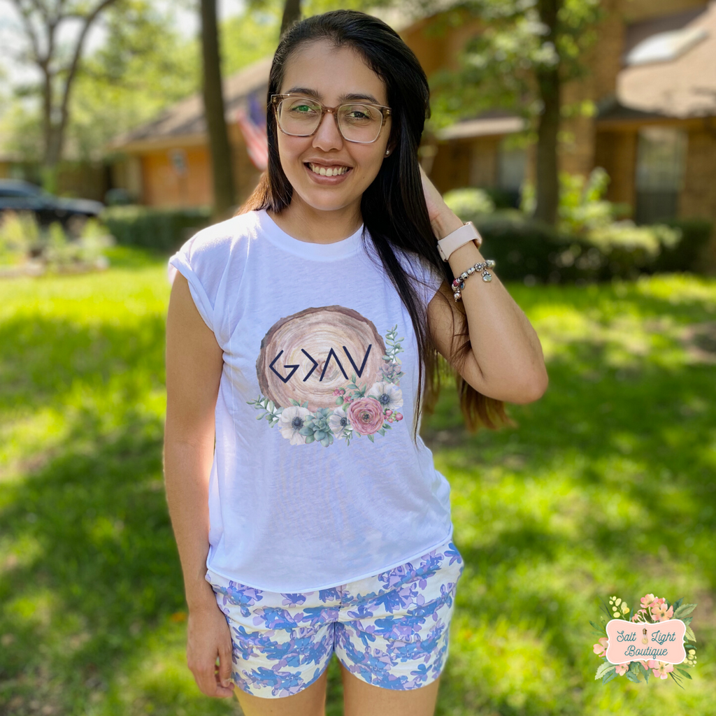 GOD IS GREATER THAN THE HIGHS & LOWS - FLORAL WOOD | WOMEN'S FLOWY MUSCLE T-SHIRT WITH ROLLED SLEEVES - Salt and Light Boutique