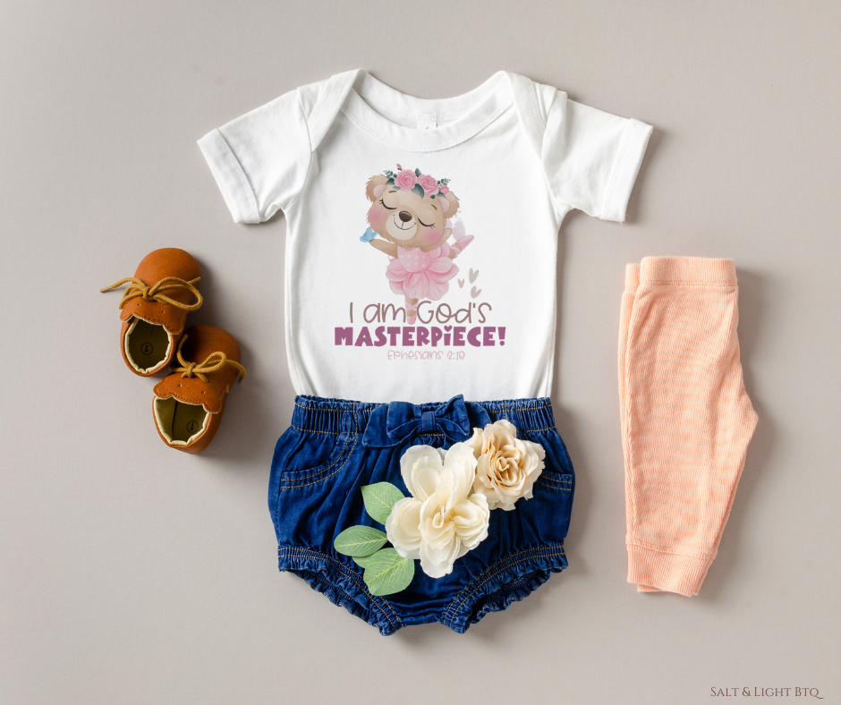God's Masterpiece Bodysuit. Cute Christian Clothing, Girl Baby Clothes | Salt & Light Boutique