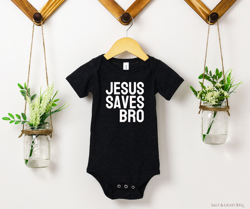 Jesus saves Bro Baby Boy Onesie: Faith Based Baby Boy Clothes | Salt & Light Boutique