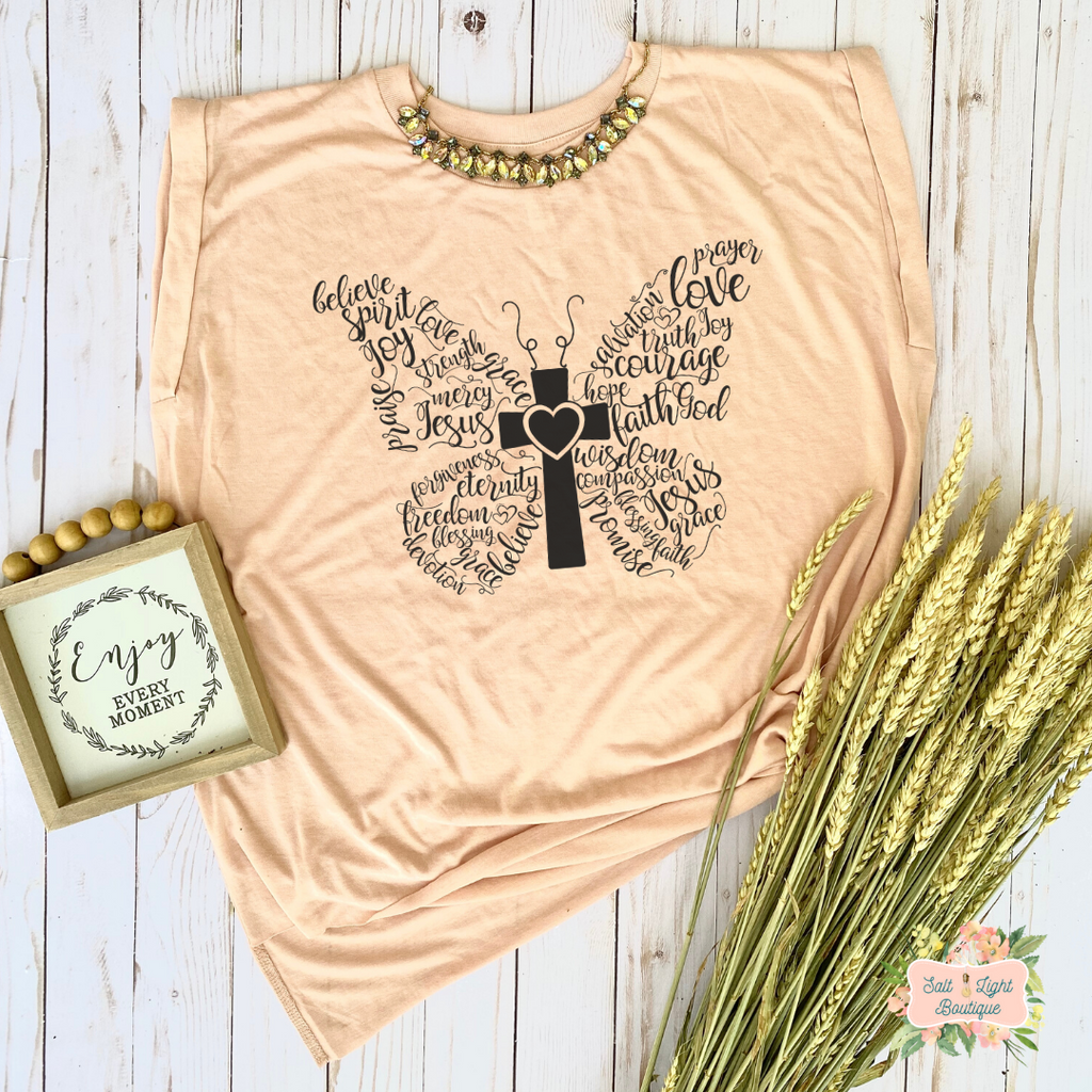 BUTTERFLY | WOMEN'S FLOWY MUSCLE T-SHIRT WITH ROLLED SLEEVES - Salt and Light Boutique