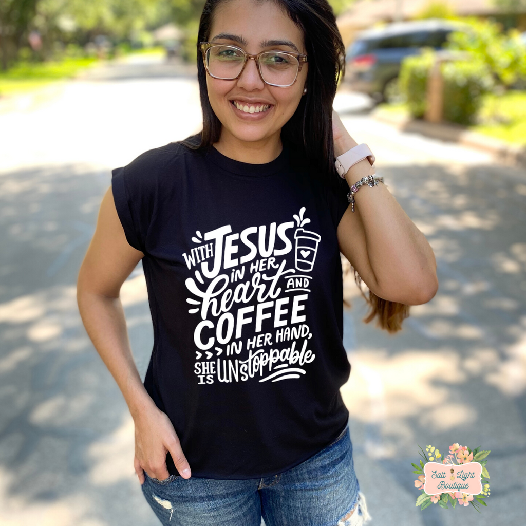 JESUS & COFFEE | WOMEN'S FLOWY MUSCLE T-SHIRT WITH ROLLED SLEEVES - Salt and Light Boutique