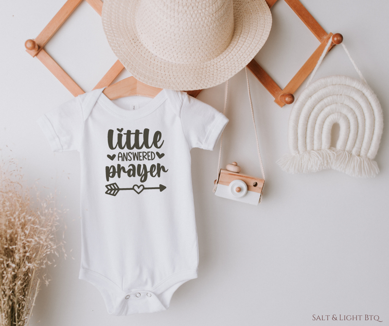 Little answered prayer Baby onesie. Christian Baby Clothes: Baby Girl & Baby Boy | Salt and Light Boutique
