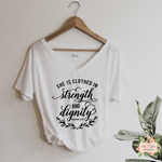 SHE IS CLOTHED IN STRENGTH & DIGNITY TRIBLEND T-SHIRT | WOMEN'S V-NECK - Salt and Light Boutique