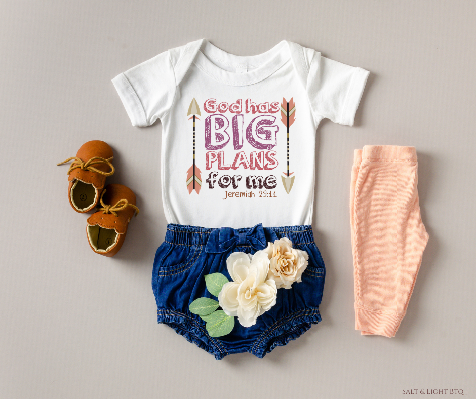 God has BIG PLANS for me baby girl Onesie. Cute Christian Clothing, Girl Baby Clothes | Salt and Light Boutique