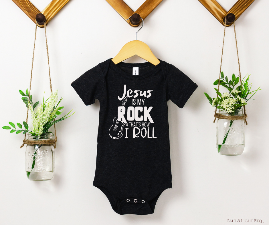 Jesus is my Rock and that's row I roll Bodysuit. Christian Baby Clothes: Baby Girl & Baby Boy | Salt and Light Boutique