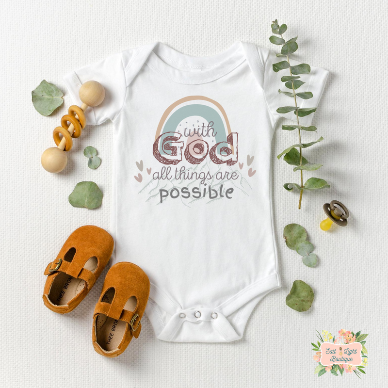 Christian Pregnancy Announcement. WITH GOD ALL THINGS ARE POSSIBLE BABY ANNOUNCEMENT BODYSUIT - Salt and Light Boutique