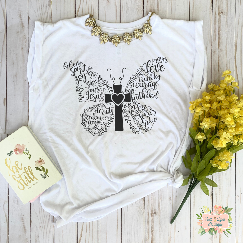 BUTTERFLY | WOMEN'S FLOWY MUSCLE T-SHIRT WITH ROLLED SLEEVES - Salt and Light Boutique