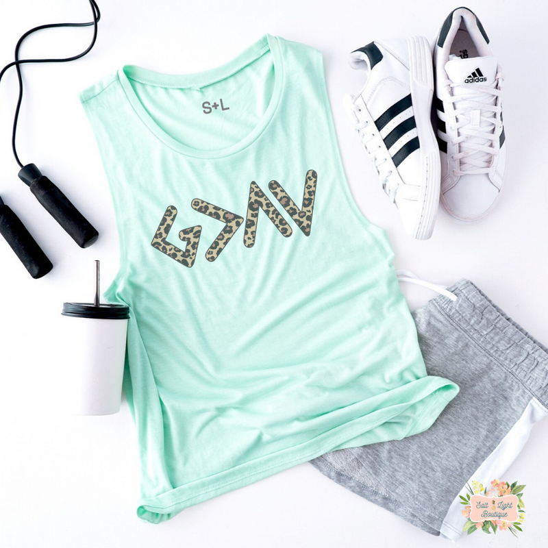 GOD IS GREATER THAN THE HIGHS AND LOWS LEOPARD WOMEN'S WORKOUT TANK TOP | MUSCLE TANK - Salt and Light Boutique