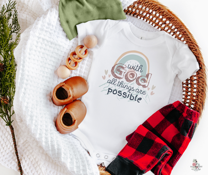 With God all things are possible onesie. IVF Pregnancy Announcement: Christian Baby Announcement | SLB