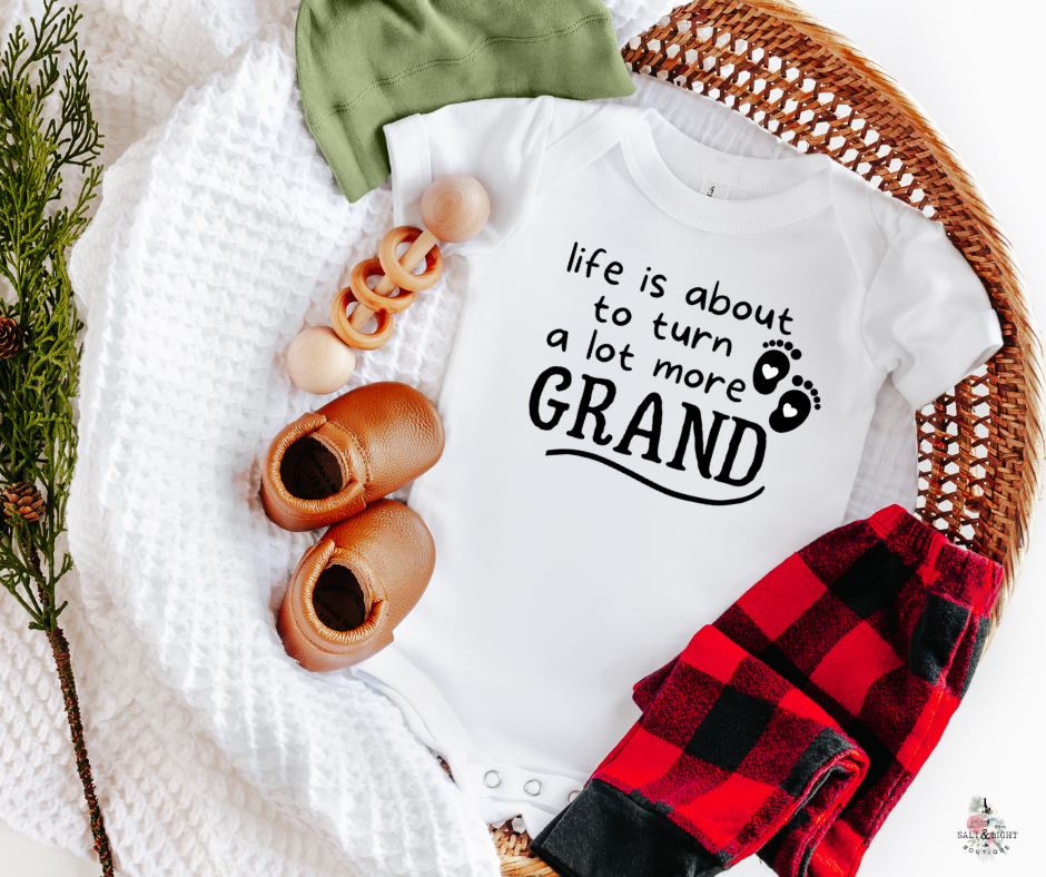 Life is about to turn more GRAND onesie. Cute Pregnancy Announcement to parents: Grandparents Baby Reveal | SLB