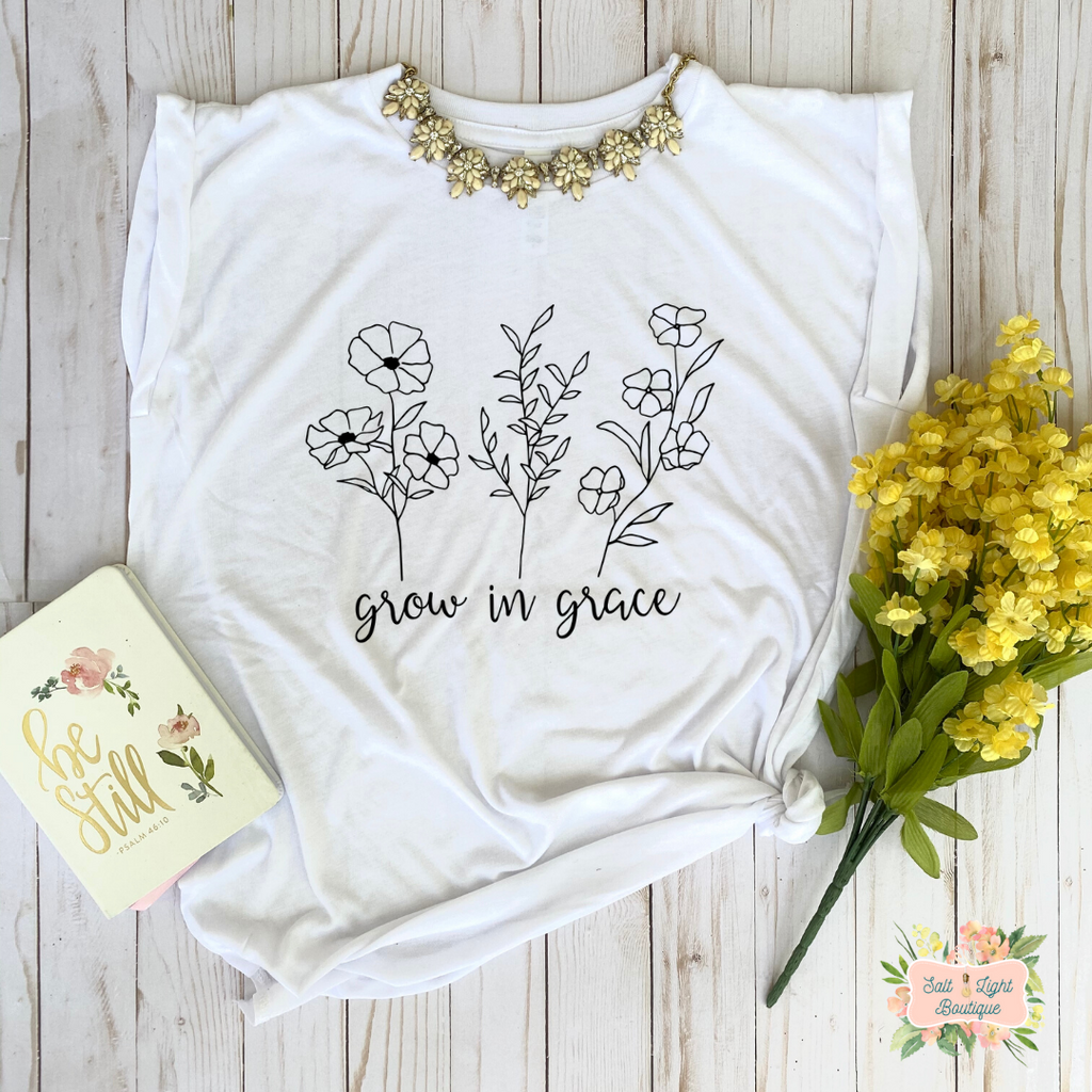 GROW IN GRACE | WOMEN'S FLOWY MUSCLE T-SHIRT WITH ROLLED SLEEVES - Salt and Light Boutique
