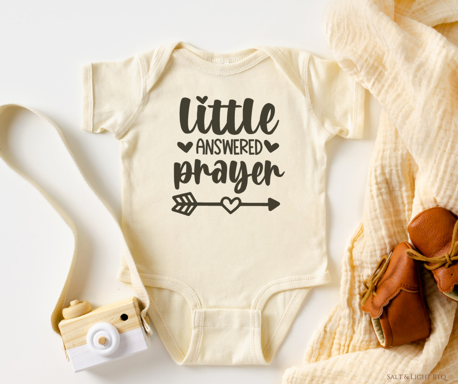 Little answered prayer Baby onesie. Christian Baby Clothes: Baby Girl & Baby Boy | Salt and Light Boutique