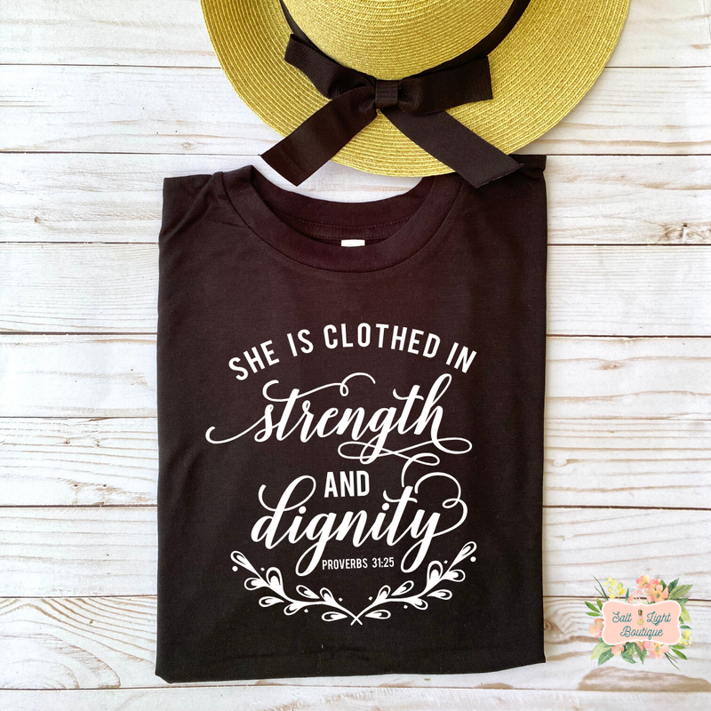SHE IS CLOTHED IN STRENGTH & DIGNITY | WOMEN'S FLOWY MUSCLE T-SHIRT WITH ROLLED SLEEVES - Salt and Light Boutique