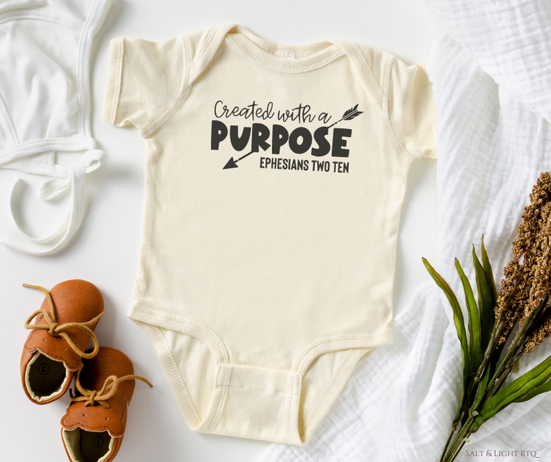 Created with a purpose baby onesie. Christian Baby Clothes: Baby Girl & Baby Boy | Salt and Light Boutique