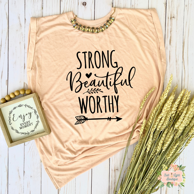 STRONG BEAUTIFUL WORTHY | WOMEN'S FLOWY MUSCLE T-SHIRT WITH ROLLED SLEEVES - Salt and Light Boutique