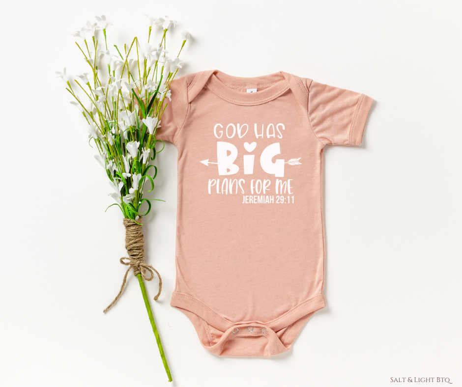 God has Big plans for me Onesie. Christian Baby Clothing: Baby Girl, Baby Boy | Salt and Light Boutique