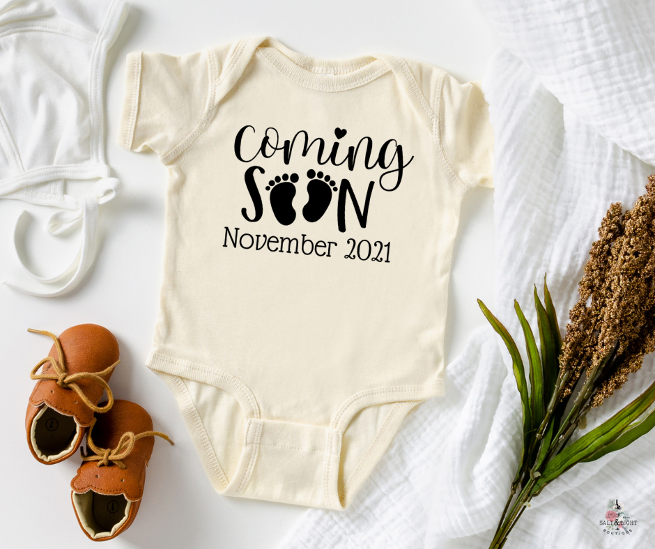 Coming Soon Baby Onesie: Custom Pregnancy Announcement  | SLB