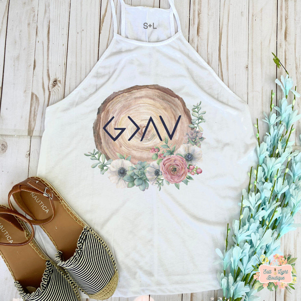 GOD IS GREATER THAN THE HIGHS AND LOWS | CLOTHED IN GRACE COLLECTION | WOMEN'S HIGH NECK TANK - Salt and Light Boutique