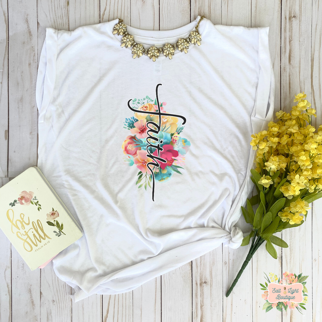 FAITH  - FLORAL CROSS SHAPED | WOMEN'S FLOWY MUSCLE T-SHIRT WITH ROLLED SLEEVES - Salt and Light Boutique
