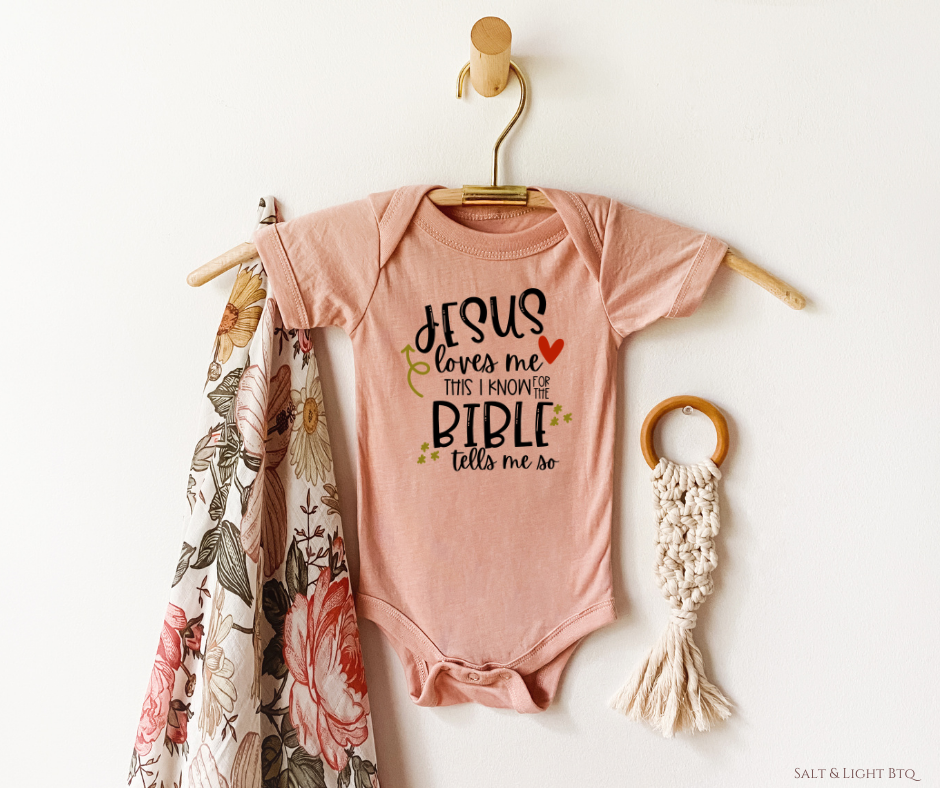 Jesus loves me baby onesie. Christian Baby Clothes: Baby Girl & Baby Boy | Salt and Light Boutique