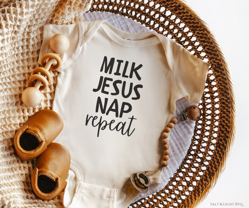 Milk Jesus Nap repeat onesie. Cute Christian Baby Clothing: Baby Boy, Girl | Salt and Light Boutique