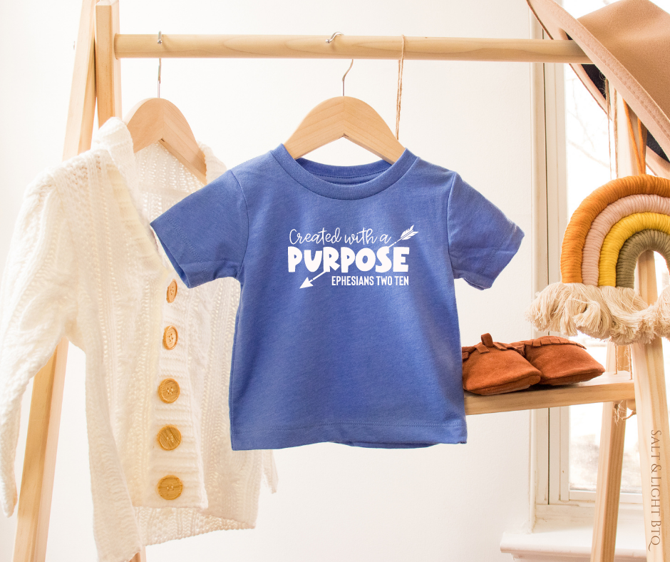 Created with a purpose Tee. Christian Toddler Shirts: Kids Faith Based Tees |  Salt & Light Boutique