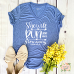 SHE WILL RUN AND NOT GROW WEARY TRIBLEND T-SHIRT | WOMEN'S V-NECK - Salt and Light Boutique