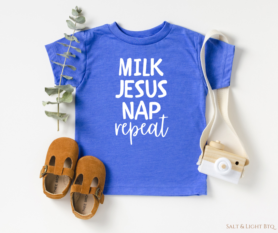 Milk Jesus Nap Repeat Toddler Tee. Christian Toddler Shirts: Kids Faith Based Tees, Salt & Light Boutique
