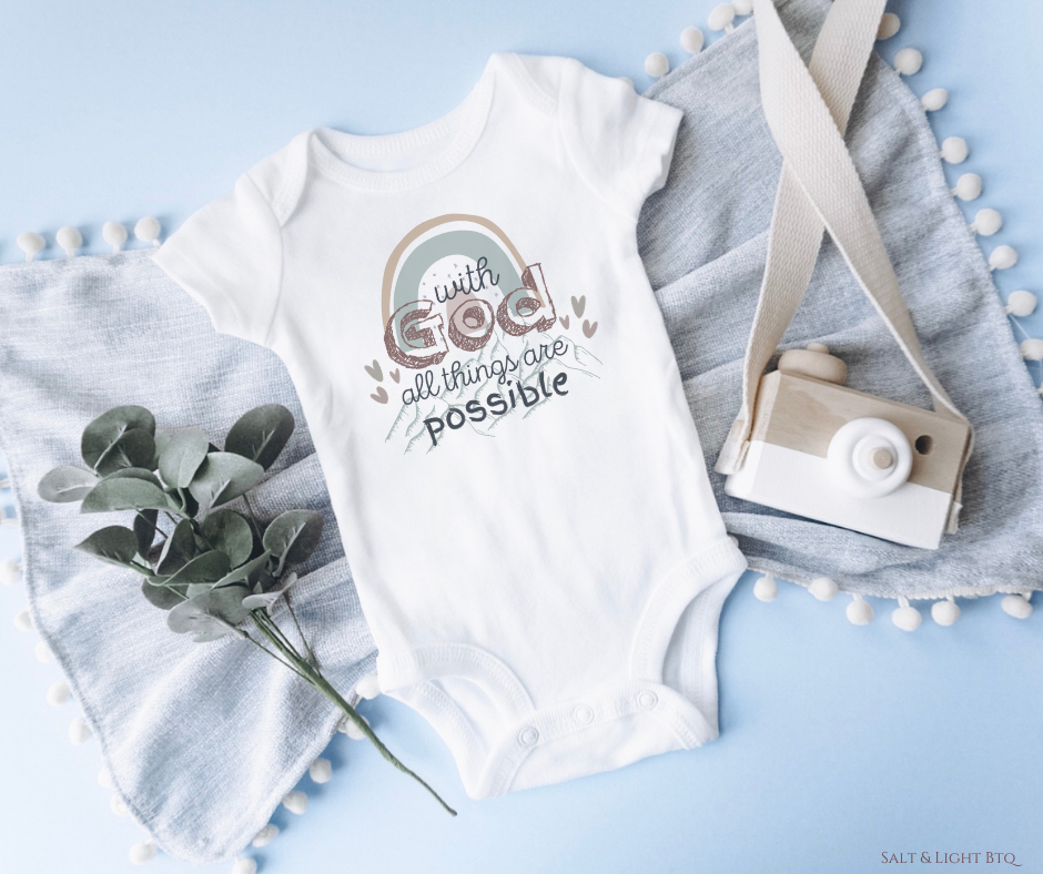With God all things are possible baby onesie. Christian Baby Clothes: Baby Girl & Baby Boy | Salt and Light Boutique