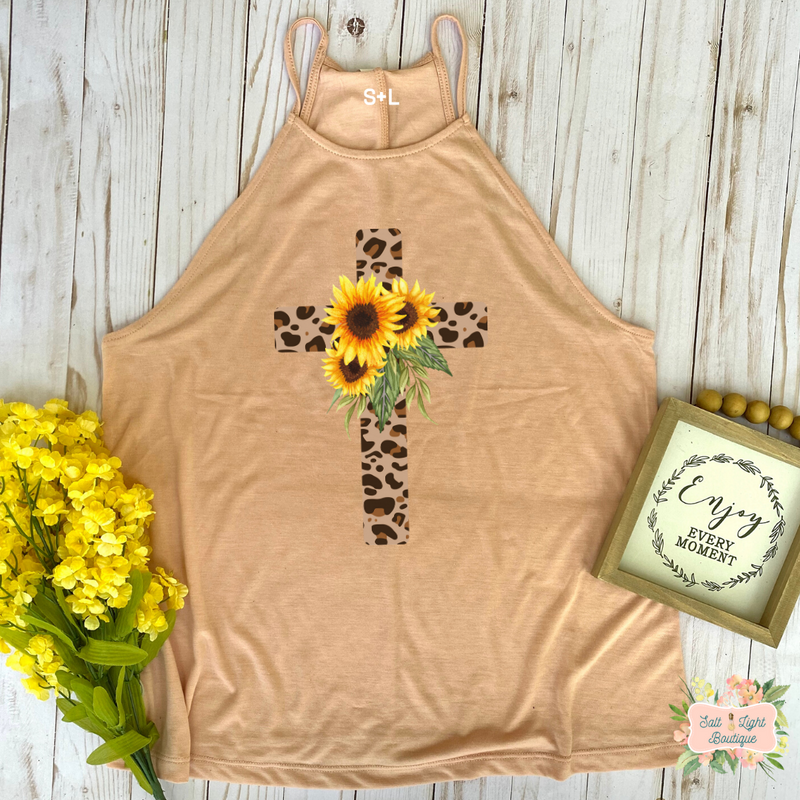 GRACEFUL - LEOPARD PRINT CROSS | CLOTHED IN GRACE COLLECTION | WOMEN'S HIGH NECK TANK - Salt and Light Boutique