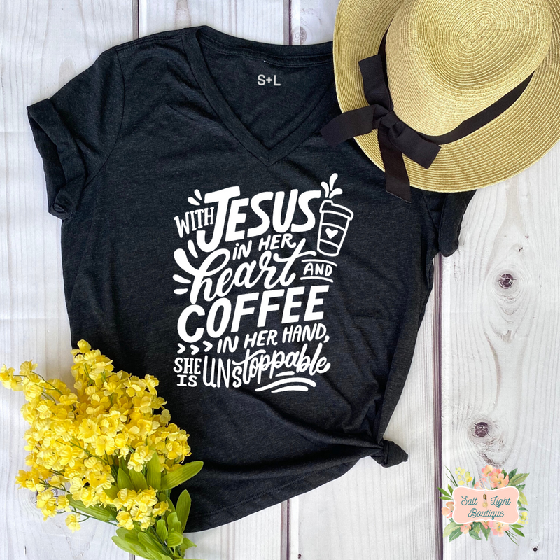JESUS & COFFEE TRIBLEND T-SHIRT | WOMEN'S V-NECK - Salt and Light Boutique