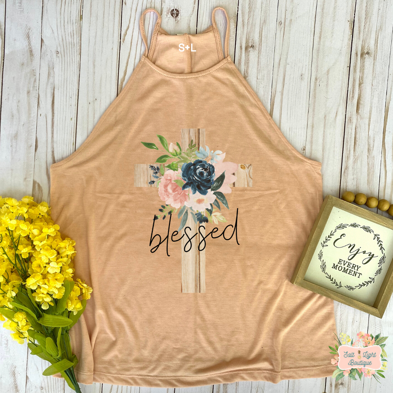 BLESSED - FLORAL CROSS | CLOTHED IN GRACE COLLECTION | WOMEN'S HIGH NECK TANK - Salt and Light Boutique