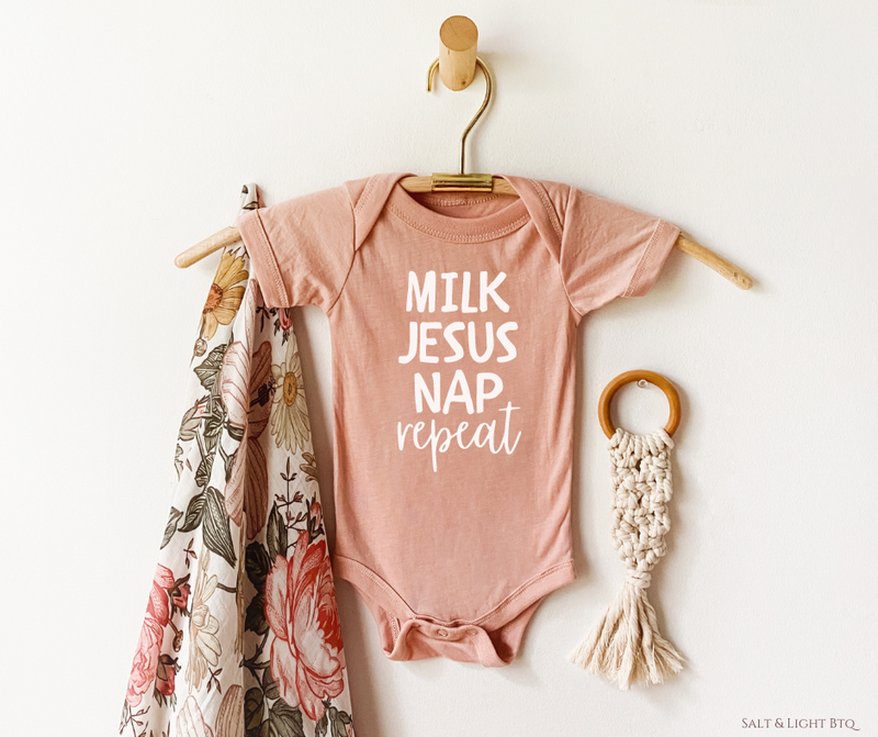 Milk Jesus Nap repeat onesie. Cute Christian Baby Clothing: Baby Boy, Girl | Salt and Light Boutique