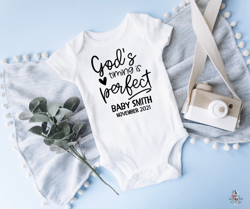 God's timing is perfect Onesie. Christian Baby Announcement Onesie: IVF Pregnancy Announcement | SLB