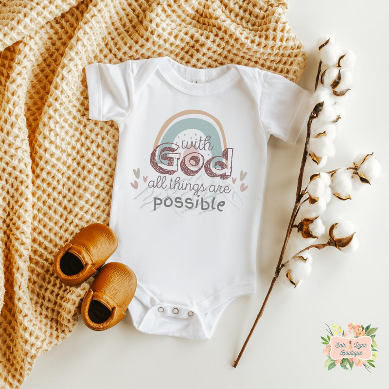 WITH GOD ALL THINGS ARE POSSIBLE BABY ANNOUNCEMENT BODYSUIT - Salt and Light Boutique