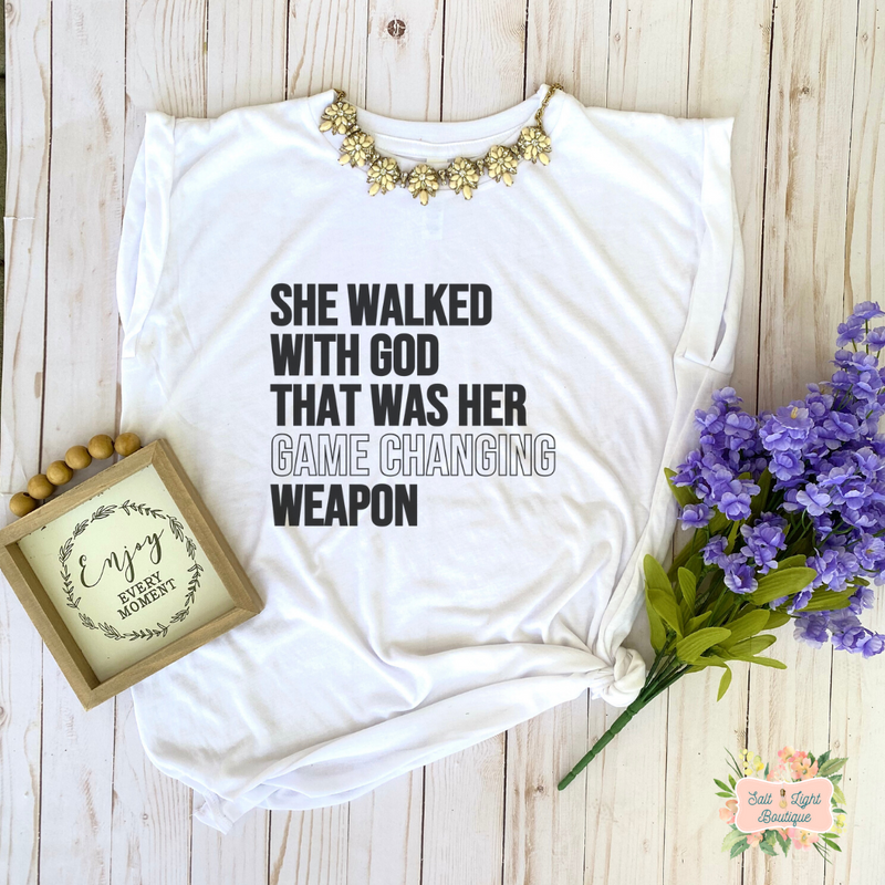 SHE WALKED WITH GOD | WOMEN'S FLOWY MUSCLE T-SHIRT WITH ROLLED SLEEVES - Salt and Light Boutique