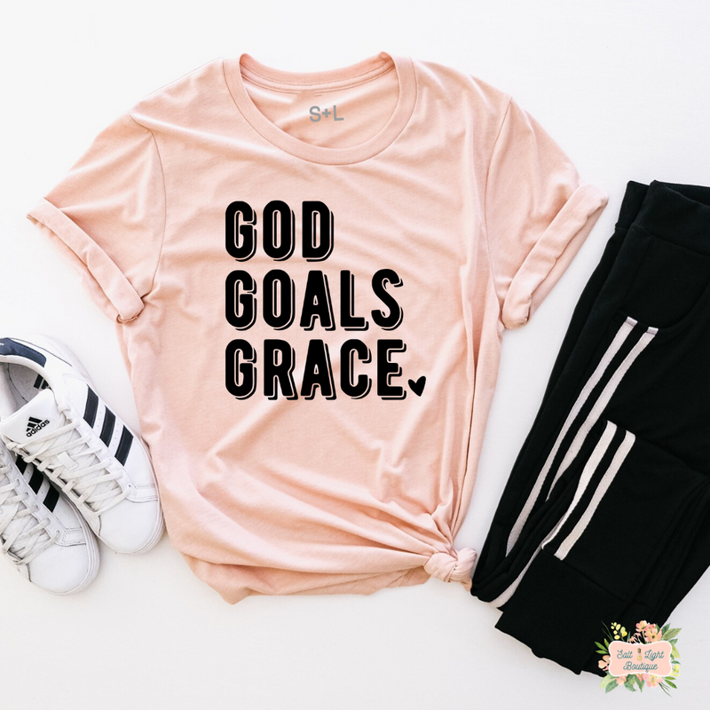 GOD GOALS GRACE WORKOUT T-SHIRT | WOMEN'S UNISEX WORKOUT SHIRTS - Salt and Light Boutique