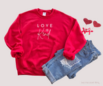 Love is Kind Red Sweatshirt for Valentine's Day. Cute Christian Sweatshirts for Women: Faith Based Apparel | SLB