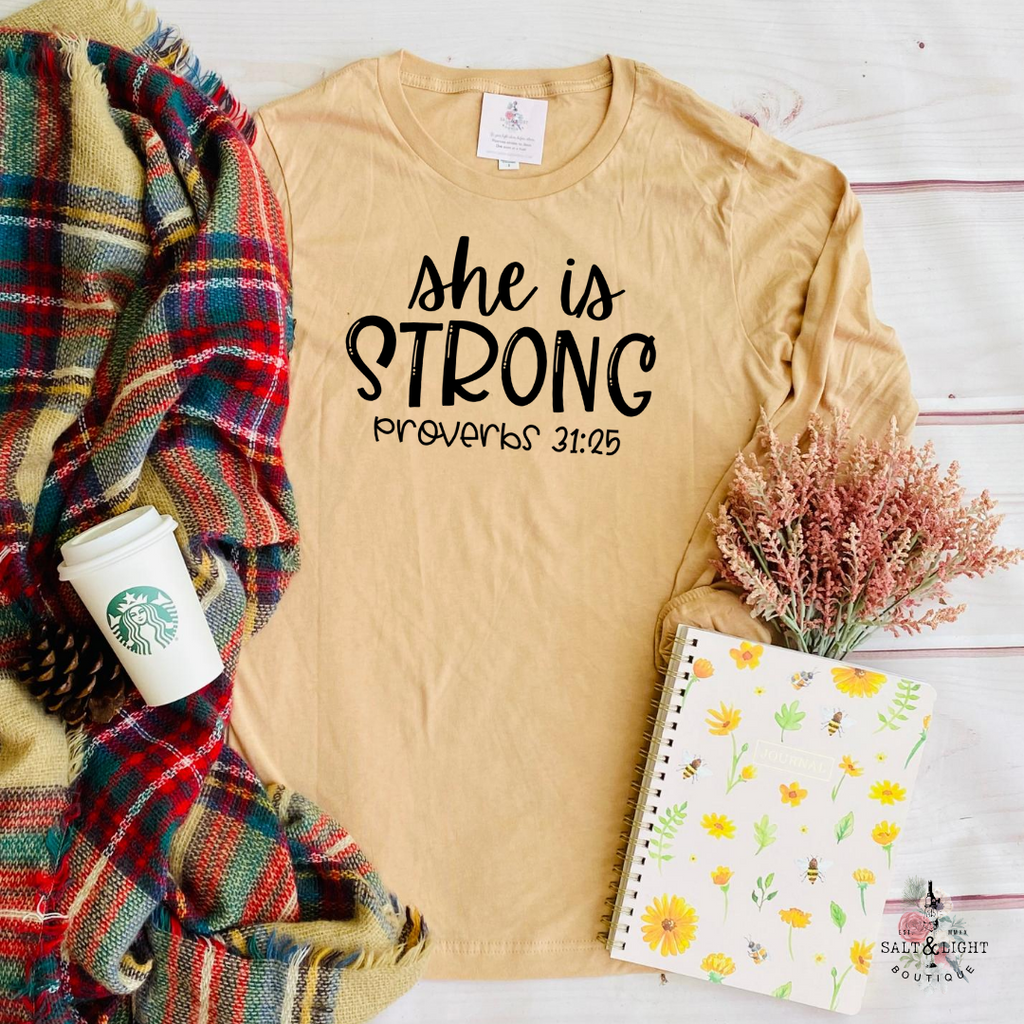 SHE IS STRONG FALL LONG SLEEVE T SHIRT - Salt and Light Boutique