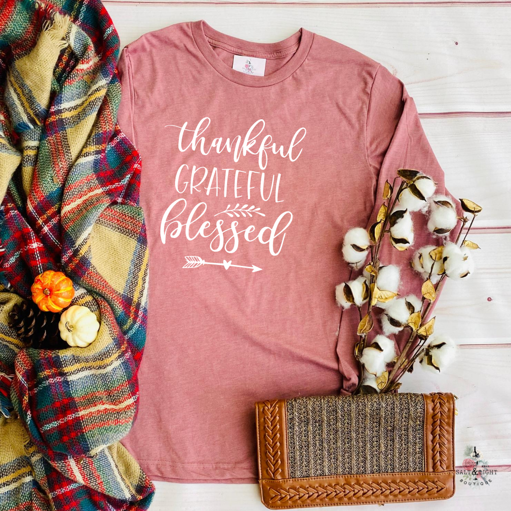 THANKFUL GRATEFUL BLESSED FALL LONG SLEEVE T SHIRT - Salt and Light Boutique