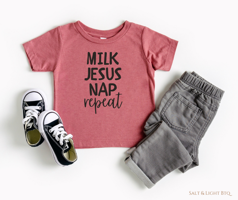 Milk Jesus Nap Repeat Toddler Tee. Christian Toddler Shirts: Kids Faith Based Tees, Salt & Light Boutique