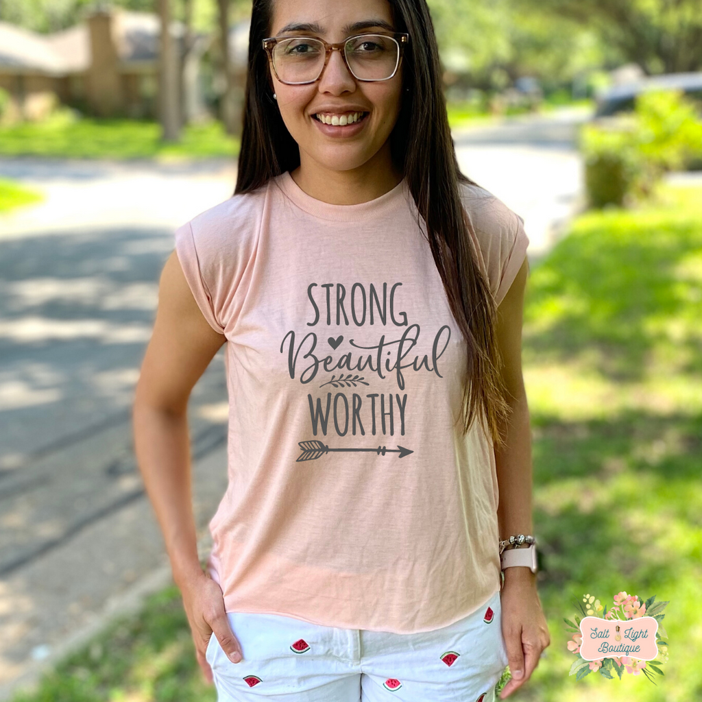 STRONG BEAUTIFUL WORTHY | WOMEN'S FLOWY MUSCLE T-SHIRT WITH ROLLED SLEEVES - Salt and Light Boutique